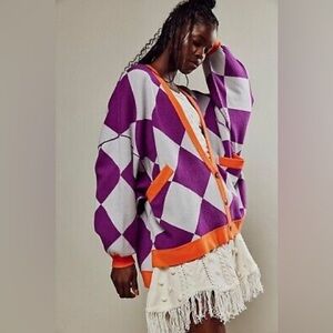 Free People We The Free Manny Cardigan checker purple white with orange trim